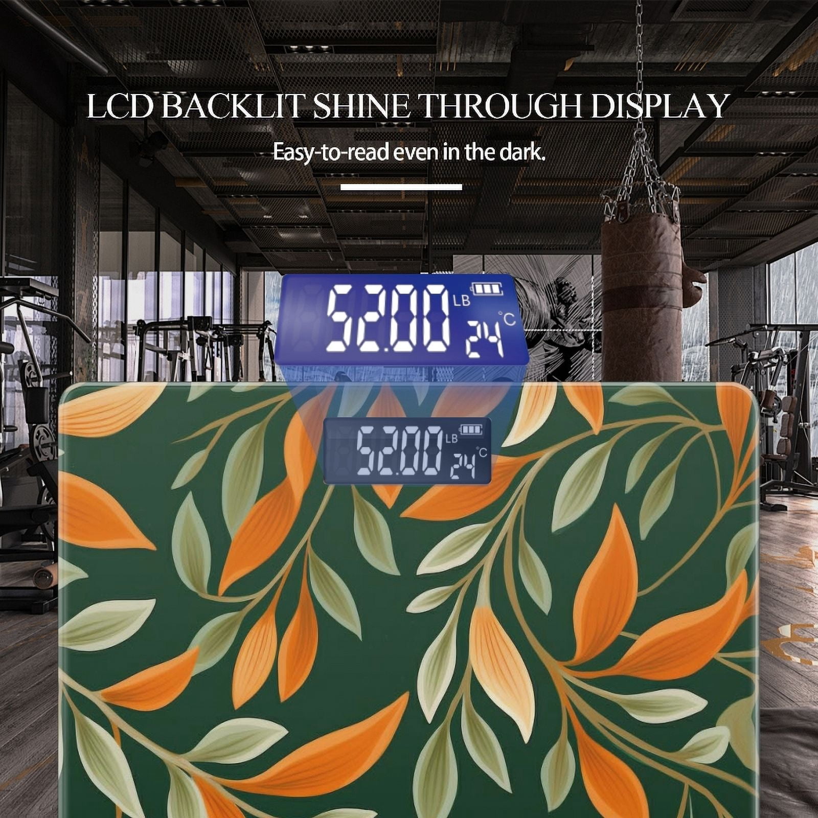High Precision Body Weight Scale Smart Bathroom Scales with Large LCD Display(400lbs),Decorative for Bedroom-Pattern Of Green And Orange Leaves On Dark Green Background