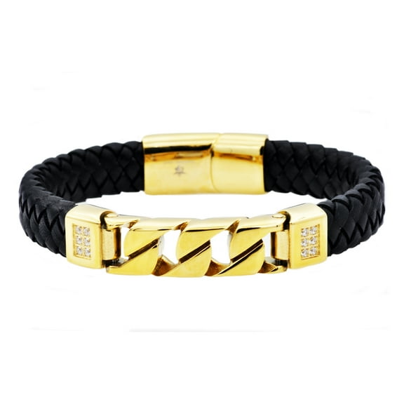 Arista Cubic Zirconia Diamonds Men's Imitation Curb Link Bracelet in Black Leather And Gold Plated Stainless Steel, 8"