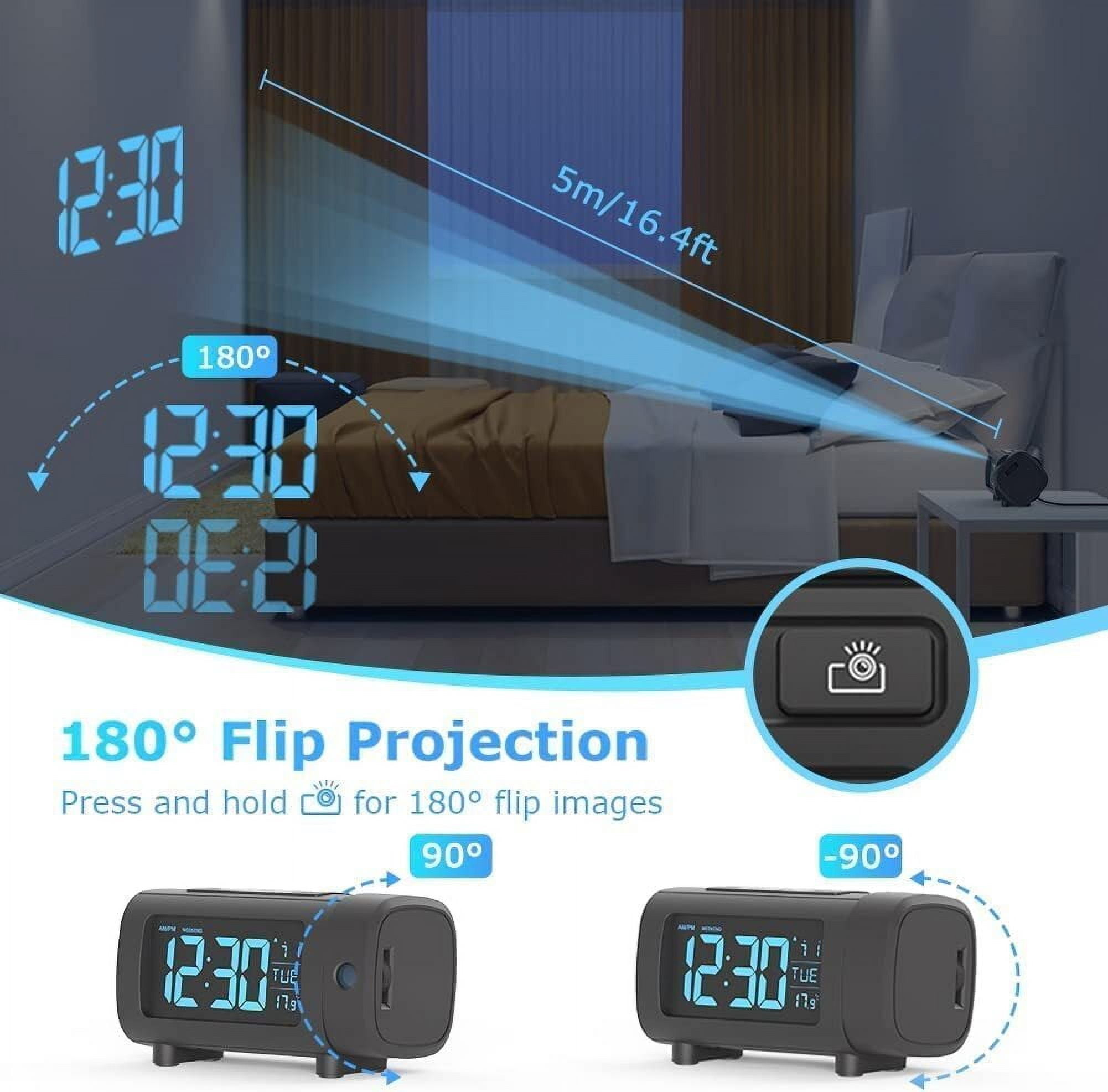 VOCOO Projection Alarm Clock, LED Display Radio Alarm Clock with USB Charger Port, 180° Projector and 4 Dimmer Settings