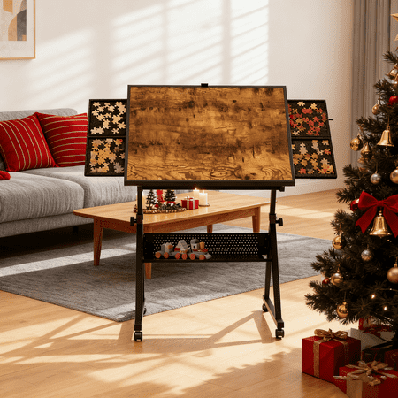 SDJPOI 1500 Pieces Large Puzzle Table with 4 Drawer & Wooden Cover Adjustable Height & Angle Puzzle Table with Wheels & Storage Shelf for Adults and Teens Christmas Birthday Gift