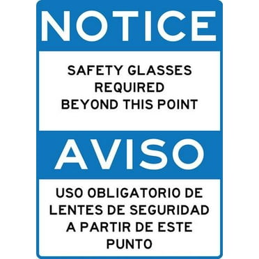 Safety Glasses Required metal sign in English and Spanish