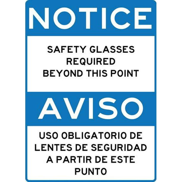Safety Glasses Required metal sign in English and Spanish