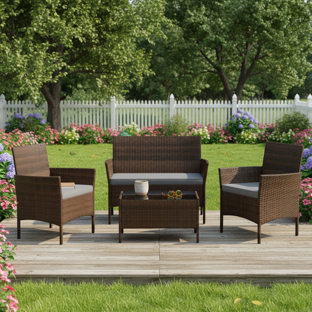 Gymax 4PCS Patio Rattan Conversation Furniture Set Outdoor w/ Gray Cushion