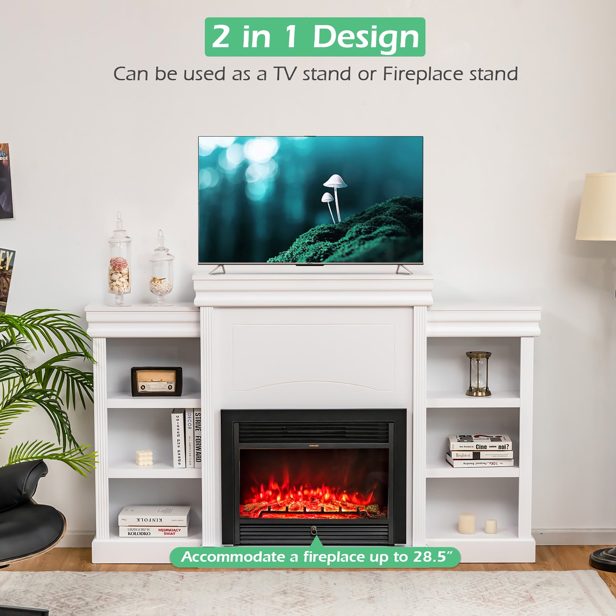 Costway 70'' Fireplace TV Stand Modern Media Entertainment Center Bookcase White