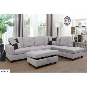 Lifestyle LS121B Right Facing Sectional Sofa Set - Flannelette, Grey & White - 3 Piece