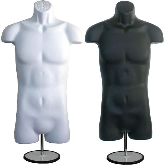 Black Male & White Male Dress Form Mannequin Hip Long Hollow Back Body Torso Set w/ Metal Stand with Metal Pole & Hanging Hook, S-M Sizes