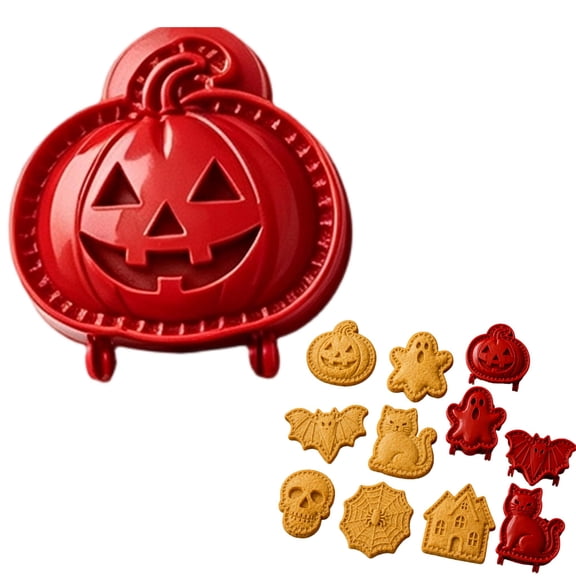 8-Pack Halloween Mini Hand Pie Molds for Baking - Red Cookie Cutters Set with House,Web,Skull,Witch Hat,Cat,Bat,Ghost,Pumpkin Shapes for Holiday Parties