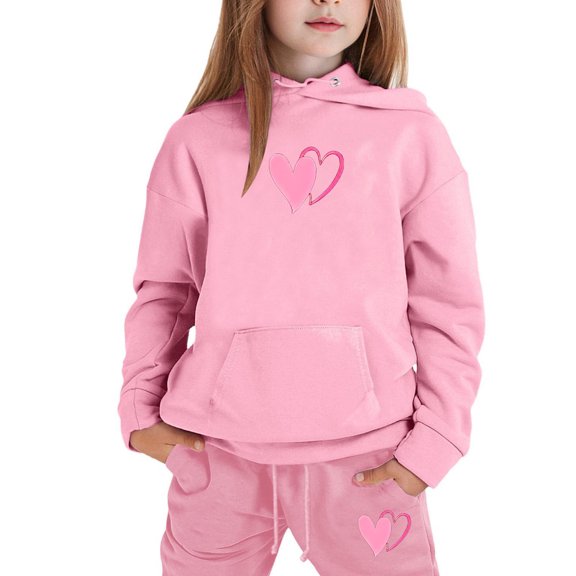 GobdXE Girls 2 Piece Fall Winter Tracksuit Double Intertwined Heart Print Pullover Hoodie with Kangaroo Pocket and Drawstring Jogger Pants Casual Kids Clothing Set 4-5 Years,Pink