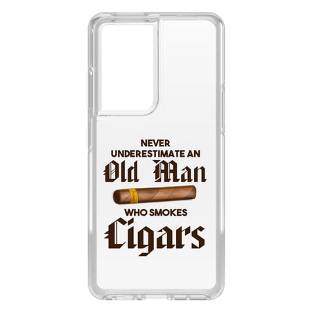 DistinctInk Clear Hybrid Case for Samsung Galaxy S21 Ultra (6.8 Screen) - Never Underestimate Old Man Who Smokes Cigars - Slim Profile Design