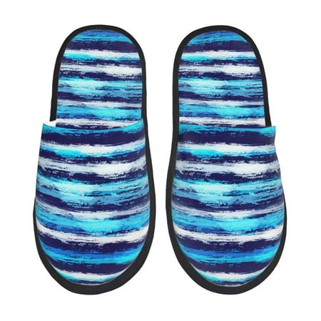 Balery Ice Blue Stripes Slient Indoor Furry Fleece Comfort House Shoes Soft Non-Slip Home Shoes Cotton slippers House Slippers-- Large