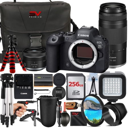 Canon EOS R6 II Mirrorless Camera with RF-S 18-45mm + 75-300mm Lens + 256GB Memory Card + Case + Tripod + SV Premium Accessory Bundle (International Version)