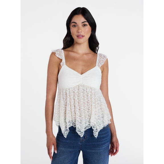 Madden NYC Floral Lace Babydoll Top with Flutter Sleeves, Sizes XXS-XXL