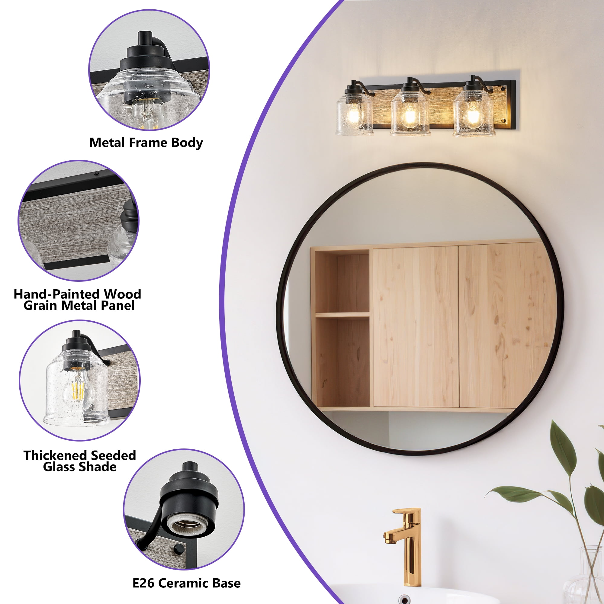 GCGAFUL 23 in. 3-Light Farmhouse Bathroom Vanity Lighting Fixtures Over Mirror with Bubble Glass Shades