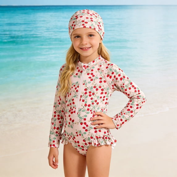 Toddler Girls Swimsuit One Piece Toddler Girls Swimsuit 3T, Girls Sun Swimwear With Prints UPF 50+ Rash Guard Long Sleeve Bathing for Toddler Kids Beach Pool