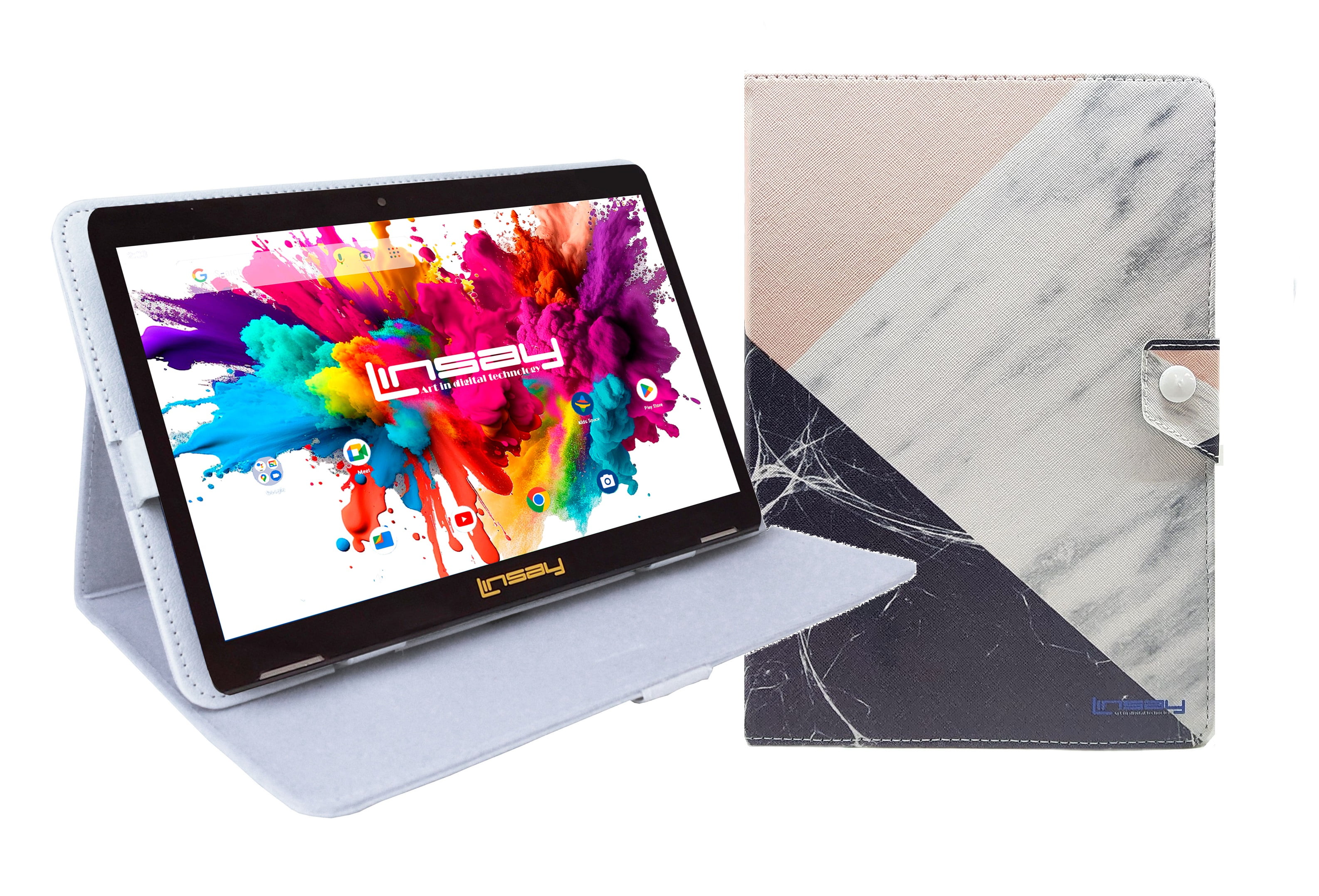 LINSAY 10.1" Octa Core 4GB RAM 128GB Storage Android 15 Tablet with case Black White Pink Marble, Pop Holder and Pen Stylus