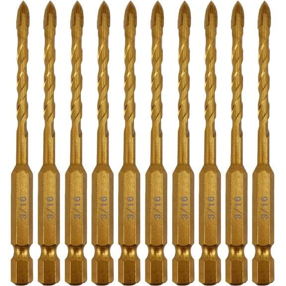 Hymnorq 3/16" Masonry Hex Shank Drill Bits 10pc Pack, Carbide Tipped Cross Spear Cutter for Glass and Tile