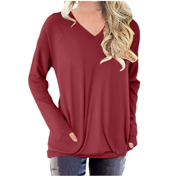 ibuvkizy Womens Long Sleeve Tops,Shirts for Women,Oversized Tshirts Shirts for Women Solid Workout Sweatshirts Casual Basic Long Sleeve Shirt Classic V-Neck Tops Wine,M