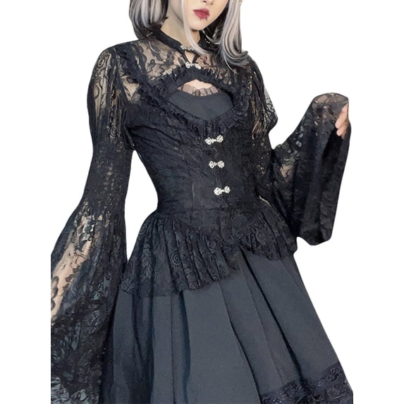 hirigin Women Gothic Style Shirt, Black Floral Lace See-through Tops, Long Sleeve Hollow Out Pullover, S/M/L