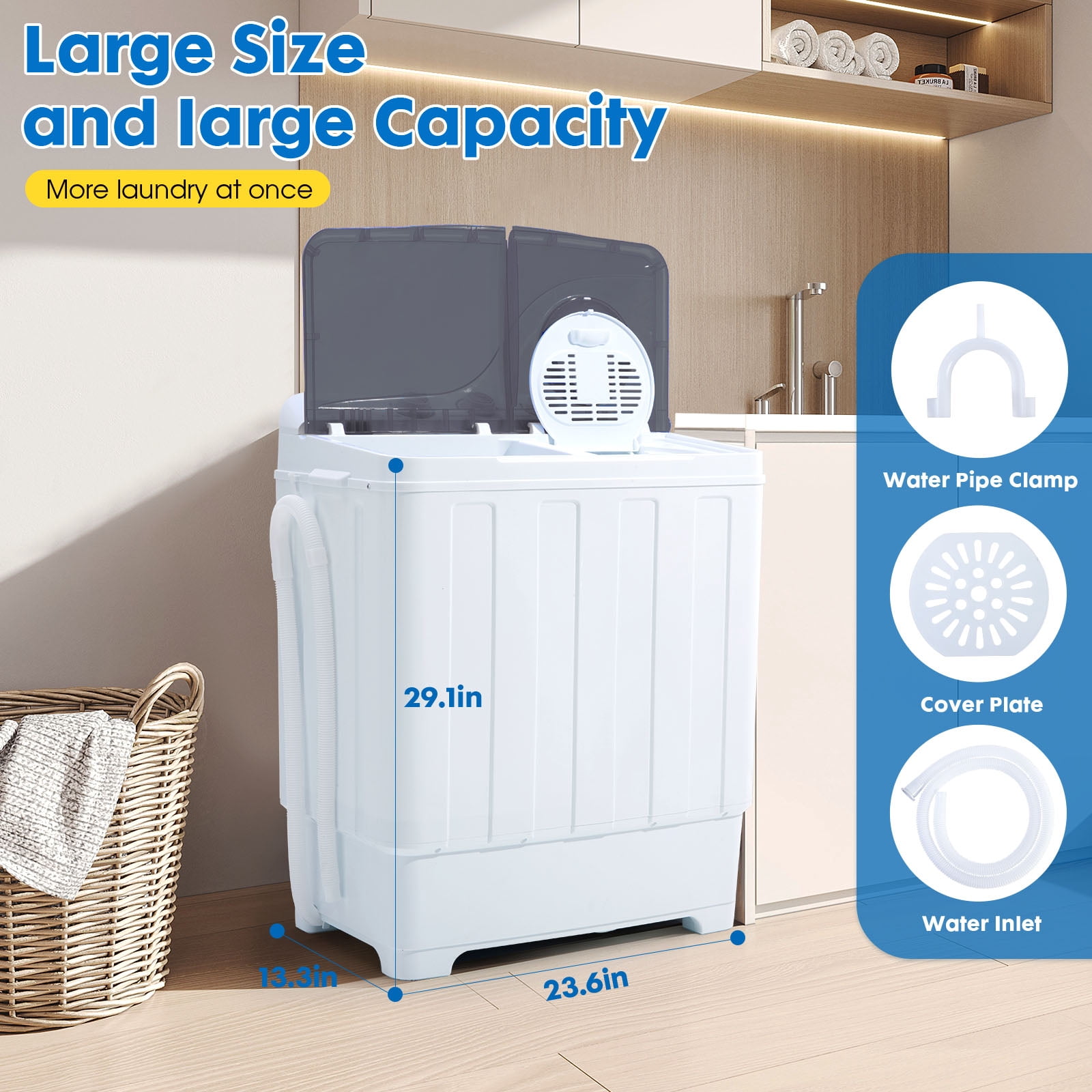 Portable Washing Machine, 28lbs Twin Tub Washer Mini Compact Laundry Machine with Drain Pump,Compact Washer for Home Dorm Apartment,Grey
