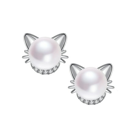 Sterling Silver Cat Ear Stud Earrings with Crystal Zircon and AAA Cultured Freshwater