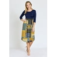 thumbnail image 5 of Navy 3/4 Sleeve Mustard Patchwork Midi Dress with Olive Band | S-3X, 5 of 7