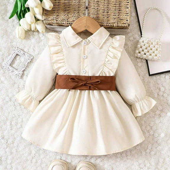 BLTIBY Girls Dress Casual Ruffle Trim Cap Sleeve Lapel Button Front Belted A-Lined Pleated Dresses Beige 2-3 Years