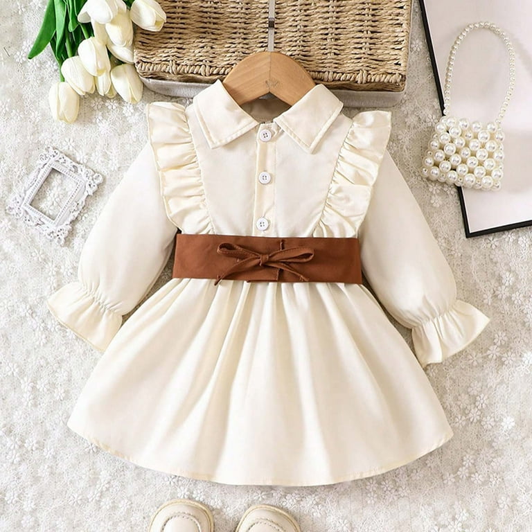 YeJammarp Baby Girls Elegant Dresses Long Sleeve Cowgirl Ruffle Hem Button Down Corset Dress Fall Casual Cute Infant Preppy Outfits Beige 6 Months,