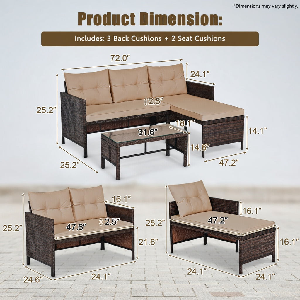Hommoo 3-Piece Outdoor Wicker Patio Sofa Set with Tempered Glass Coffee Table, Rattan Sectional for Backyard, Deck or Balcony, Brown