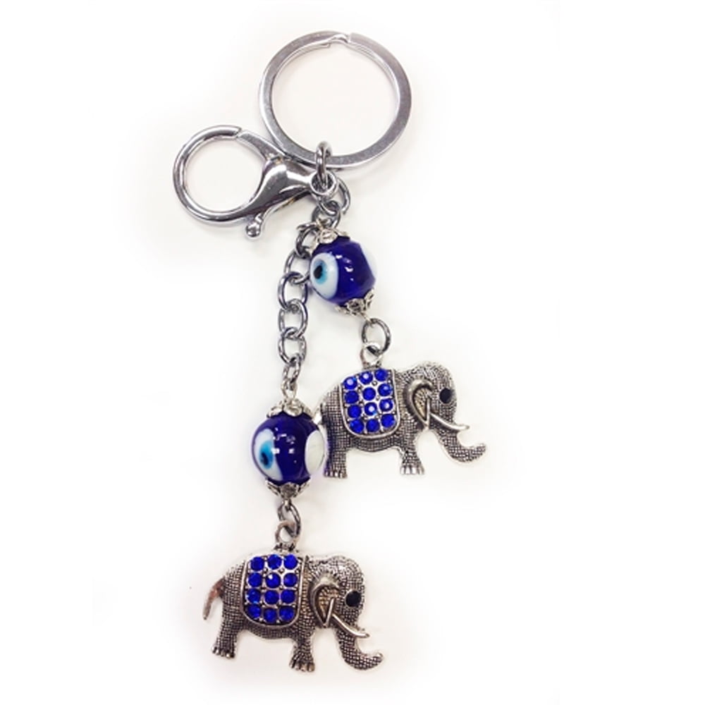 Lucky Elephant Key Chain Hanging Rings Feng Shui Blue Evil Eye Protection Trunk