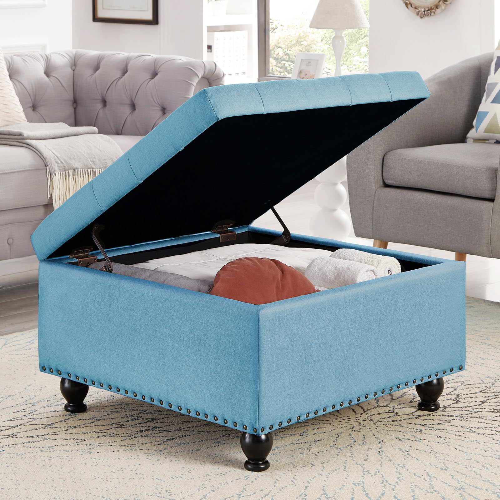 CQSXDA Large Square Storage Ottoman with Wooden Legs, Upholstered Button Tufted Coffee Table with Nail Trims