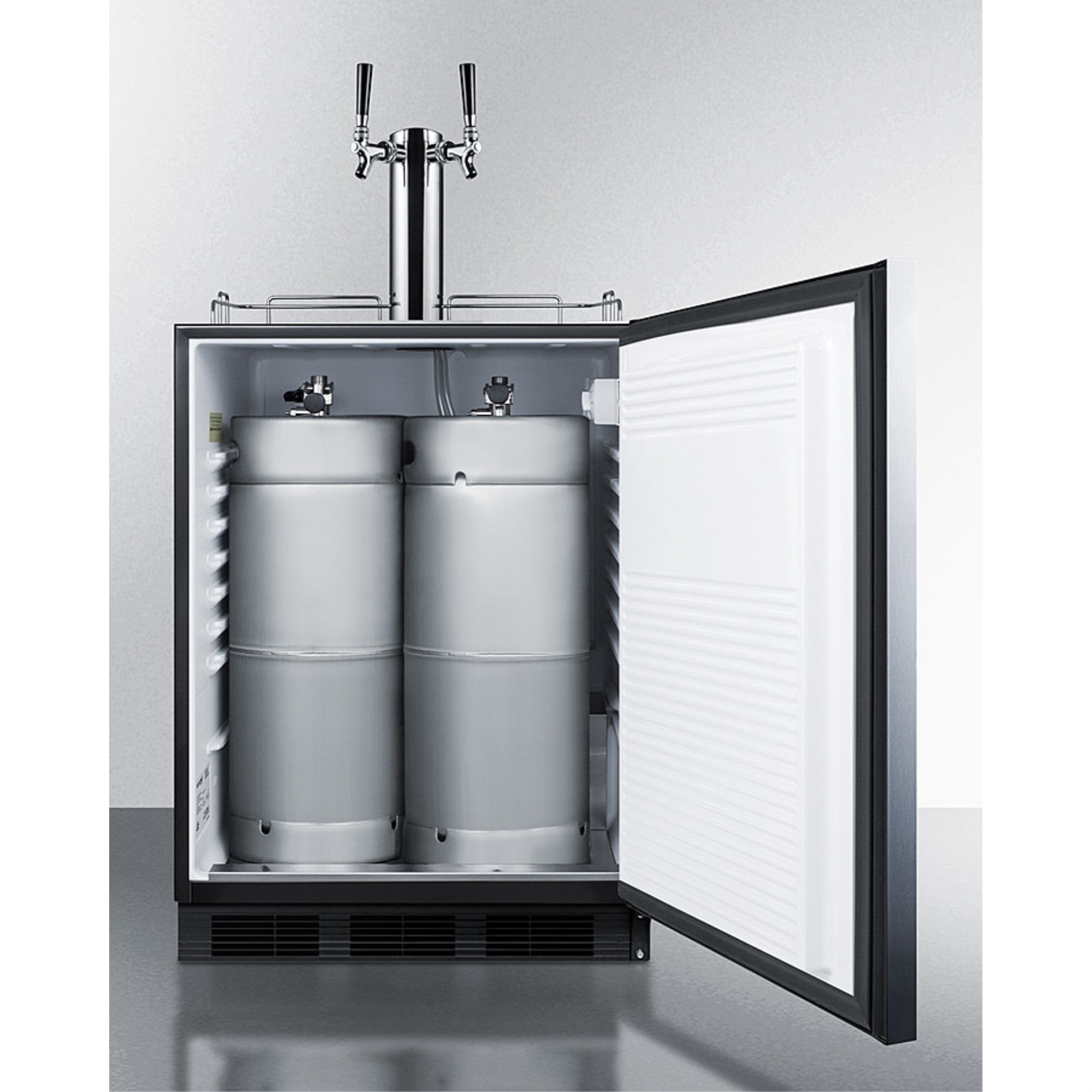 Built-in kegerator for use under ADA compliant counters with dual tap kit for two 1/6 kegs