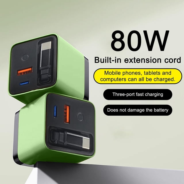 3 In 1 Charger Retractable Phone Charger Wall Plug With Scalable 80w Max Fast Charging Module Type C Cable And 2 USB Ports For Phone Laptops