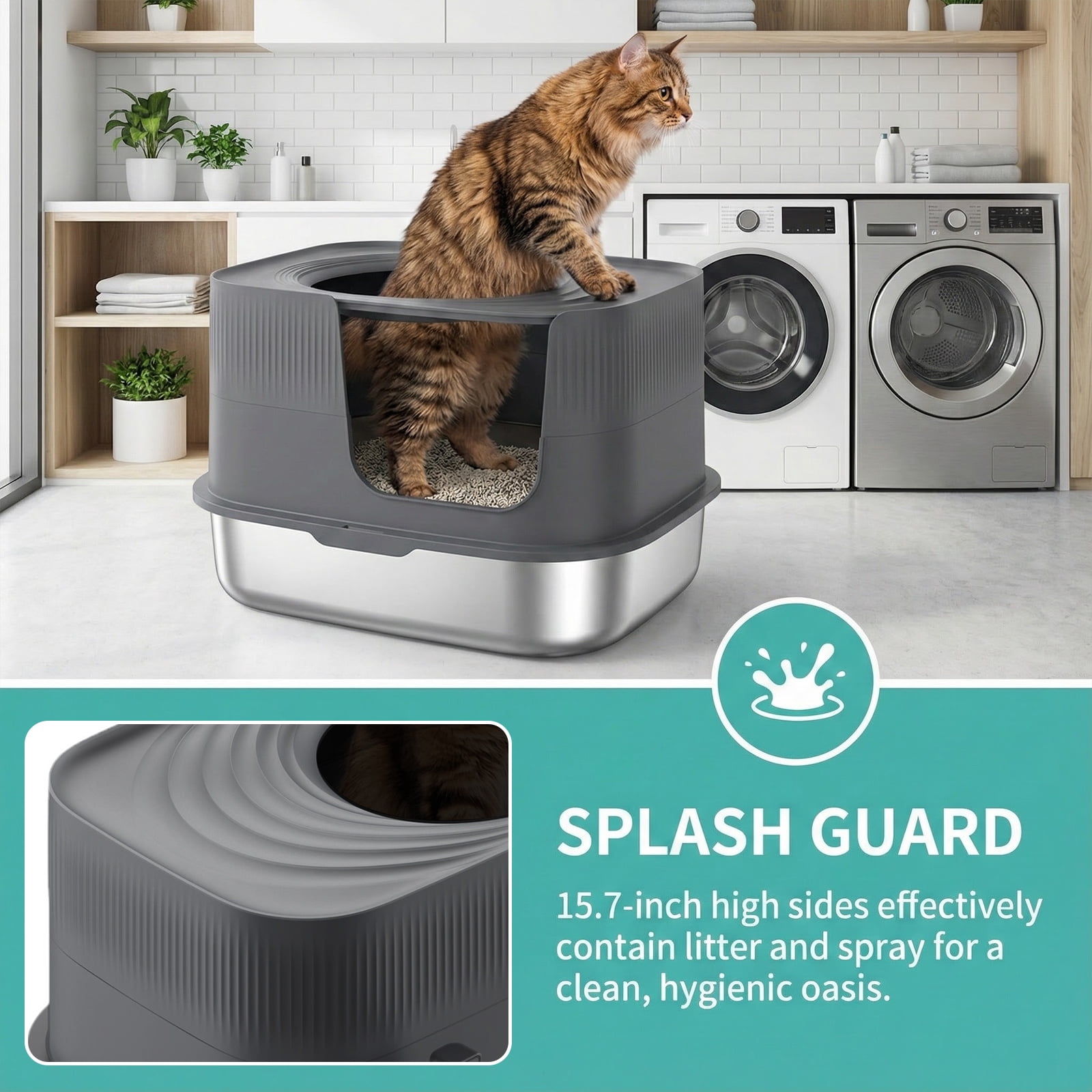 Btidfty Top-entry Stainless Steel Cat Litter Box W/lid&scoop Enclosed Bedpan (Dark Gray)