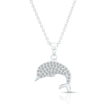 Tilo Jewelry Sterling Silver Dolphin Pendant Necklace with Cubic Zirconia Stones | 18 Inch