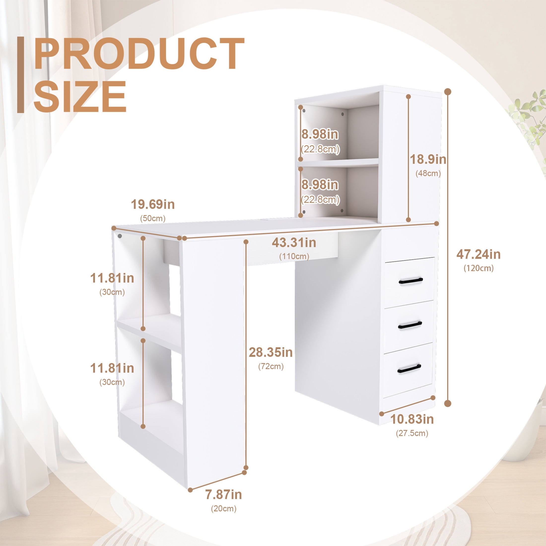 Noble House Computer Desk with Socket, 3 Drawers and 4 Storage Shelves, Modern Wooden Home Office Desk, White