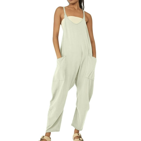 FADAACAI Overalls for Women Women's Casual Sleeveless Jumpsuits V Neck Spaghetti Strap Overalls Long Pants Romper with Two Pockets Maternity Jumpsuit Jumpsuits for Women Dressy Beige XL Clearance！