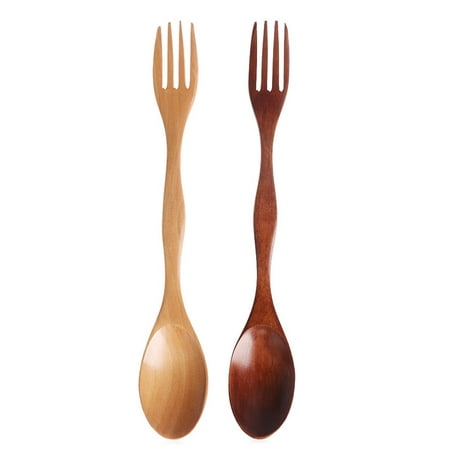 

2PC 2 in1 Natural Wood Cutlery Dual Head Soup Spoon Fork Dinner Tableware Set BEIGE BROWN