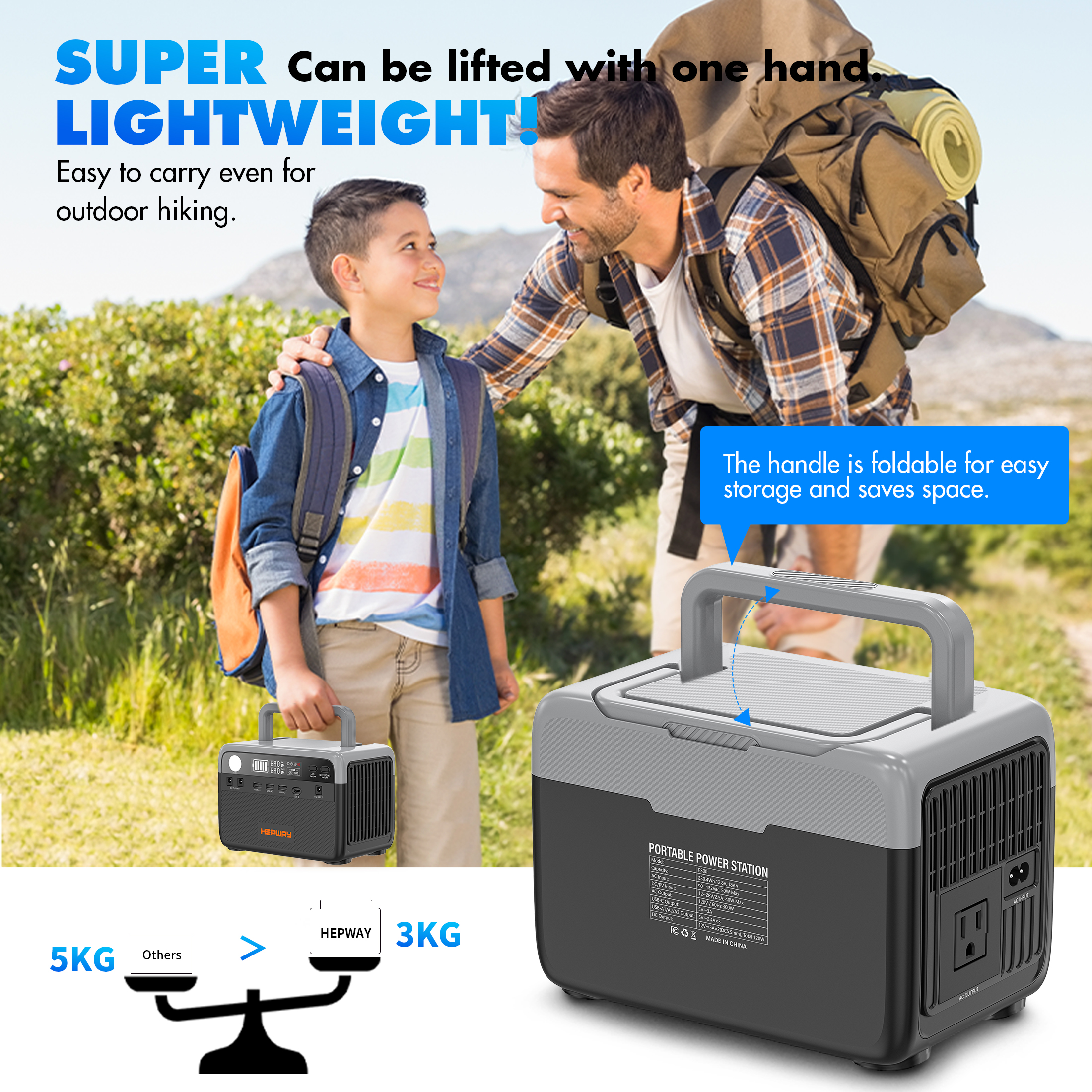 Hepway H30 Portable Power Station,300W Solar Generator,288Wh  LiFePO4 Battery,2 AC 120V Outlets,PD 100W USB-C Output w/ LED, 90000mah Power Bank for Hurricane Emergency Outdoor Camping RVs Home Use