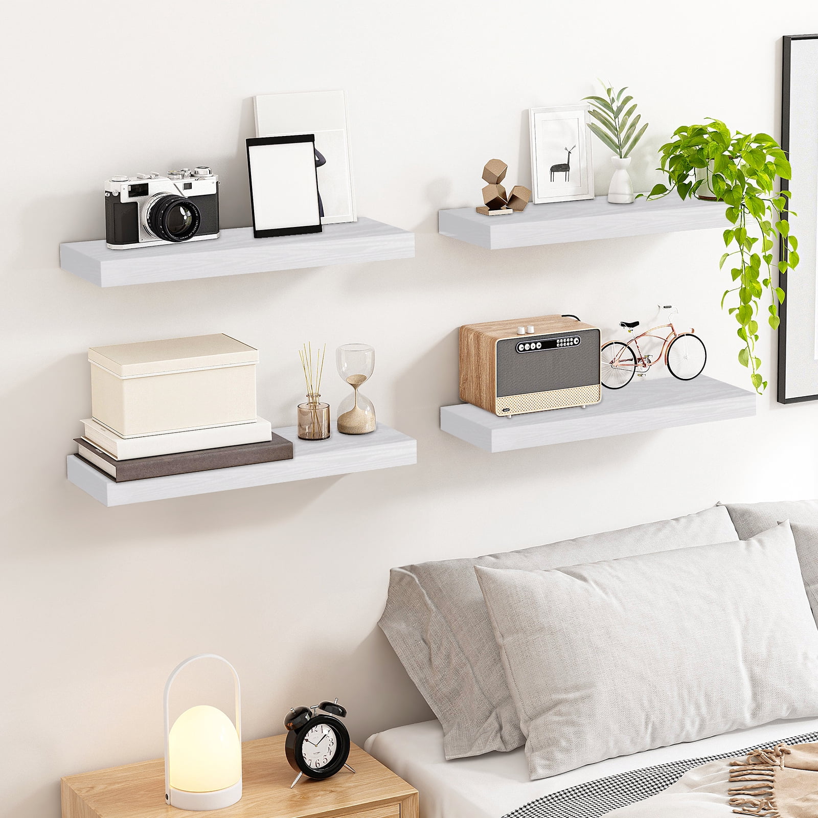 Fairy 15.8in Floating Shelves, Wall Shelves Set of 4, Shelves for Wall Decor, with Invisible Brackets, 15.8x1.2x5.5inches, White