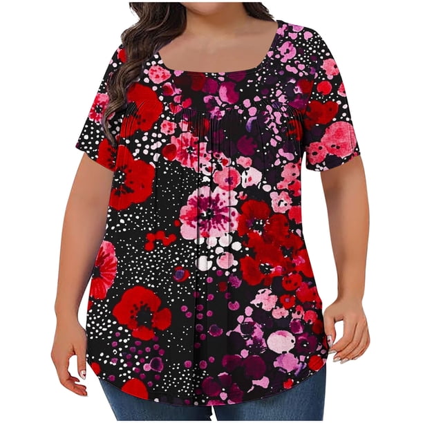 Tops Cortos para las Mujeres Impreso Cuello de Gran Tamaño Plisado Manga Corta Suelta Superior en Tamaños Más L-5xl