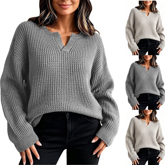 Xdegoge Womens V Neck Ribbed Knit Sweater Slouchy Loose Fit Long Sleeve Pullover Tops Casual Chunky Drop Shoulder Jumper Fall Winter Warm Cozy Knitwear