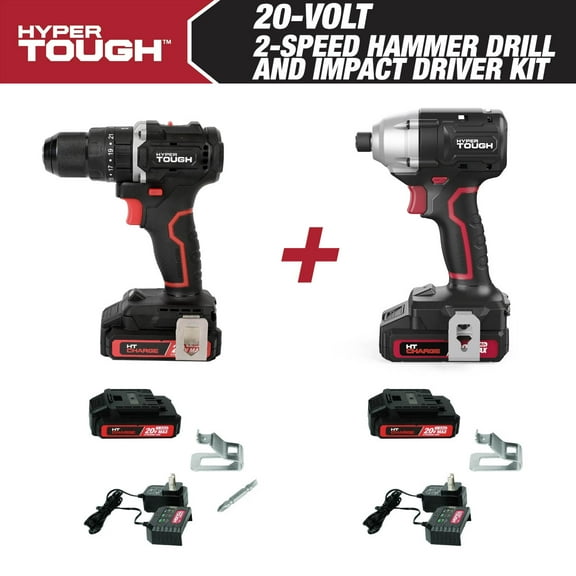 Hyper Tough 20V 1/4” Impact Driver & 1/2” 2-Speed Hammer Drill Bundle, (2) 1.5Ah Lithium-Ion Batteries & (2) Chargers