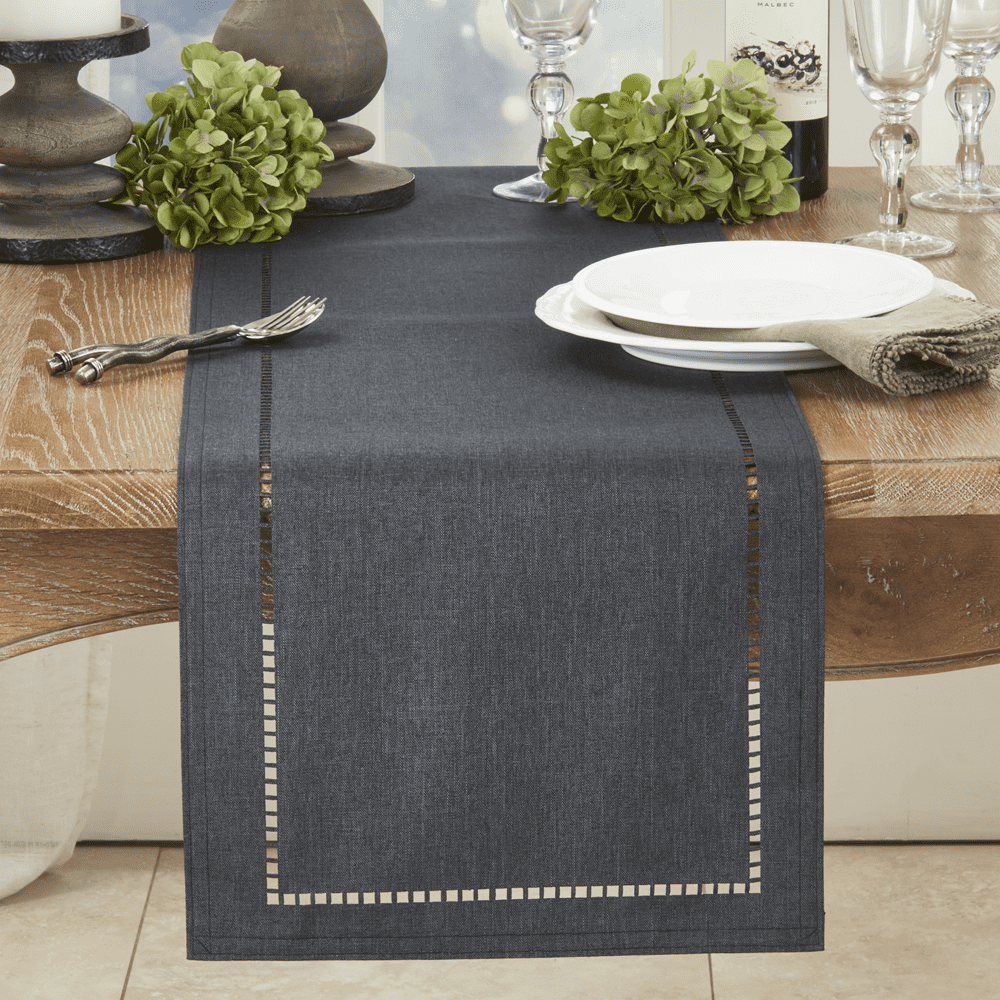 Fennco Styles Solid Color Laser-Cut Hemstitch Design Table Runner 14"W x 90"L - Black Table Cover for Home Décor, Everyday Use, Wedding, Banquet, Holiday and Special Occasion