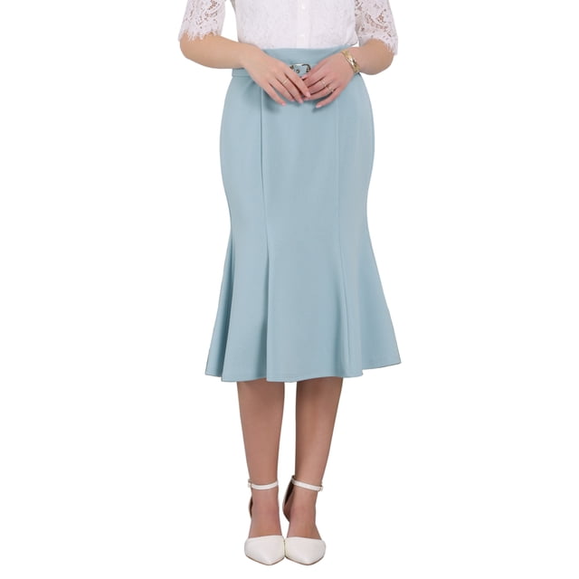 Falda de cola de pez elegante para mujer Inspire Chic, con cintura alta y cinturón, falda midi de trabajo, color azul claro L
