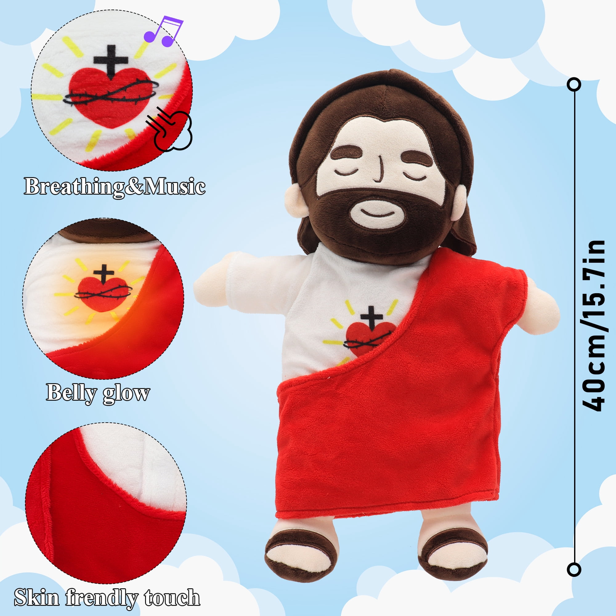 15.7in Sacred Heart Of Jesus Plush Doll, Breathing Jesus With Glowing Light, Christian Religious Toy For Church, Sunday School, Prayer, Home Decor, Christening, Baptism, Easter Gifts For Kids-Red