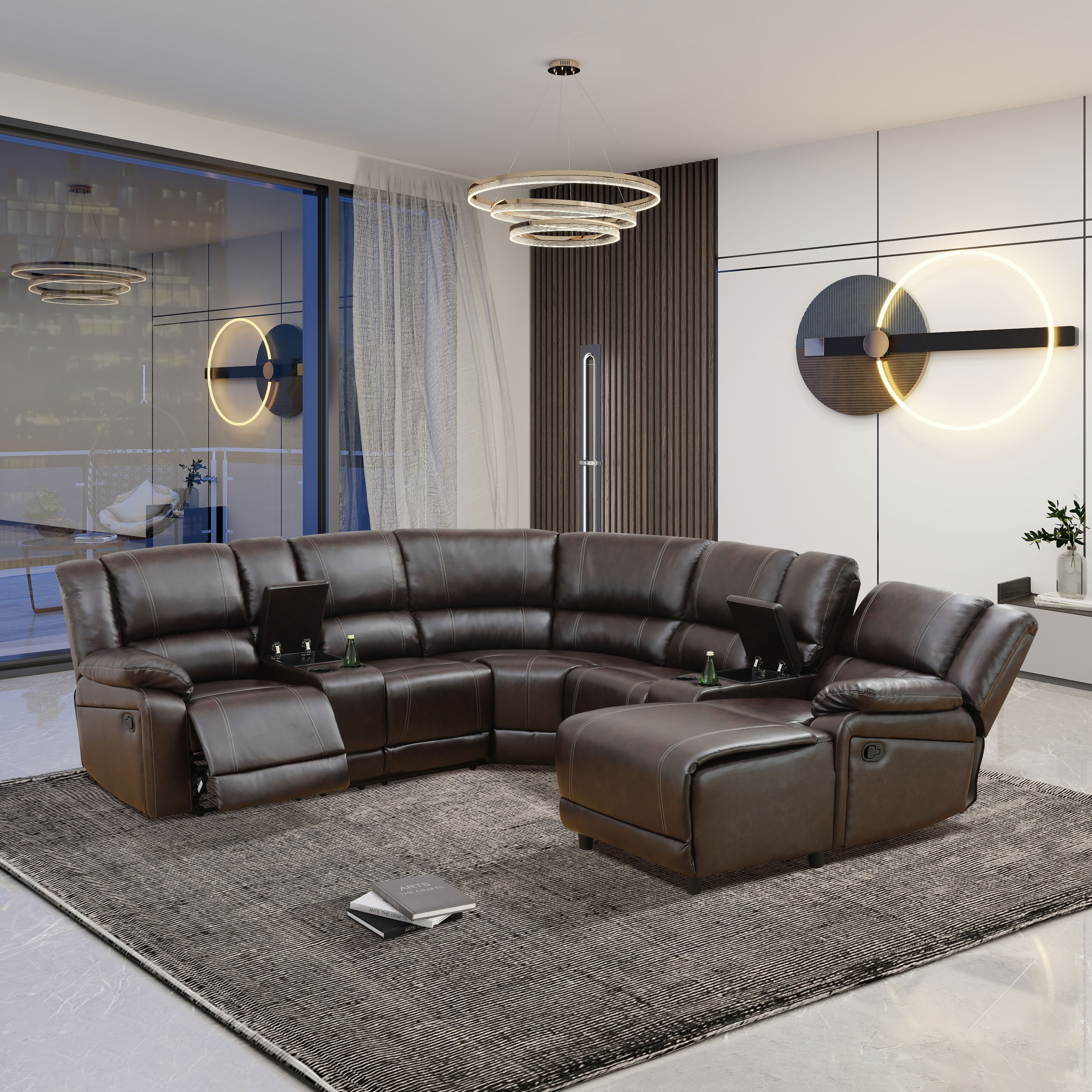 MAYEERTY 5-Seater Recliner Sofa Set - Faux Leather with Storage & Push-Back Chaise for Family Living Room & Home Theater
