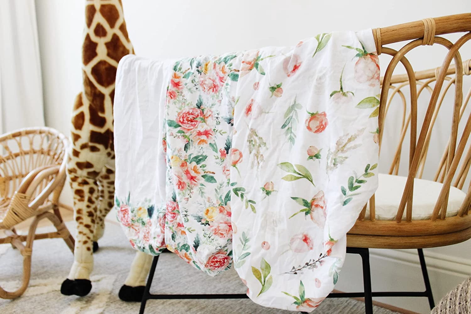 NODNAL CO. Pink Cotton Floral Bassinet Fitted Sheet Set, 100% OEKO-TEX Cotton, 3 Pieces, Peony and Eucalyptus Flowers, for Newborn Baby Girl Nursery Bedding