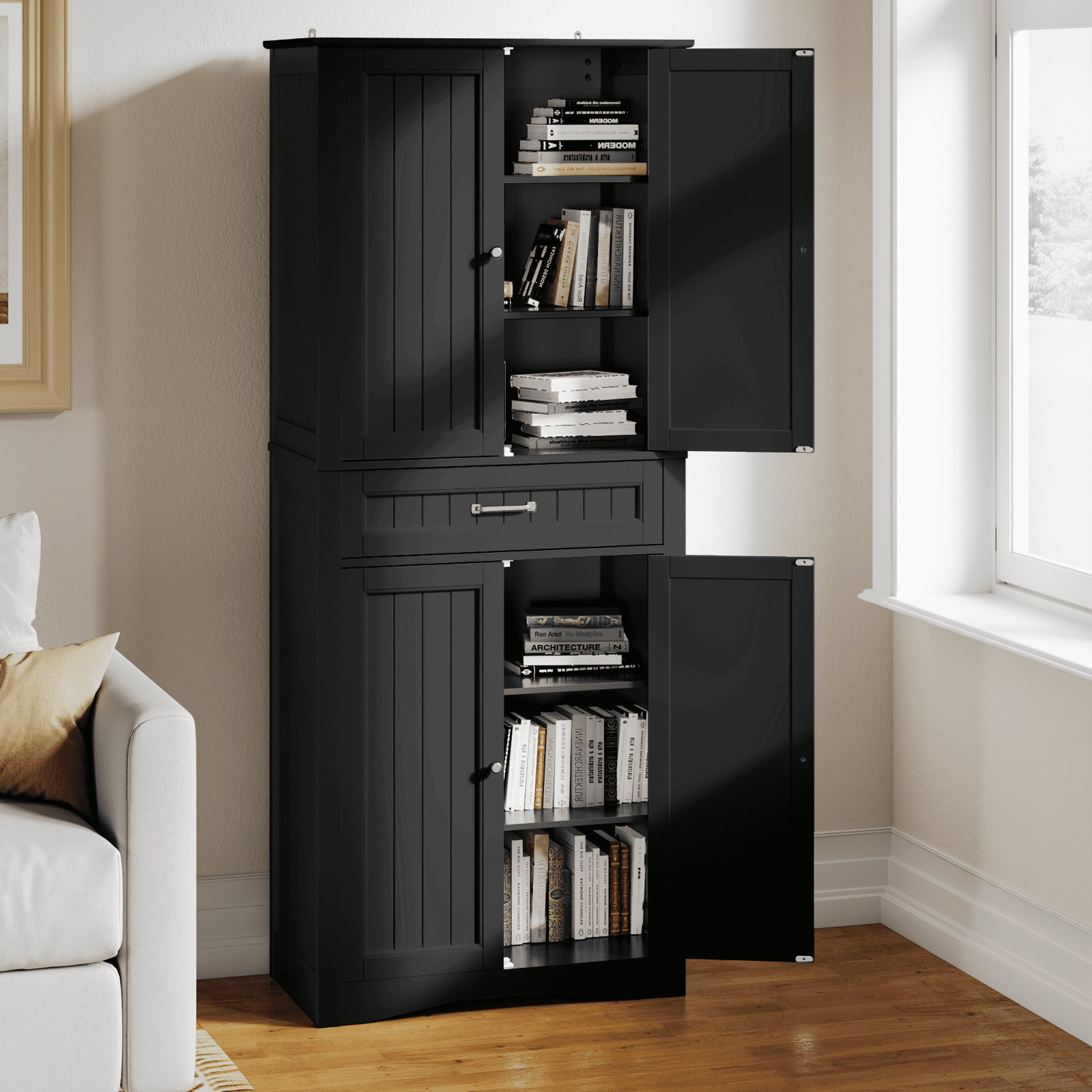 71" Tall Freestanding Storage Cabinet, 4 Doors, Adjustable Shelves and Large Drawer, Multi-Purpose Cabinet for Home Black