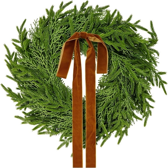 JEWLALO 22" Real Touch Norfolk Pine Wreath with Christmas Velvet Bows, Artificial Green Cedar Greenery Realistic Winter Wreath for Front Door Outdoor Indoor Wall Window Porch Home Holiday Xmas Decors