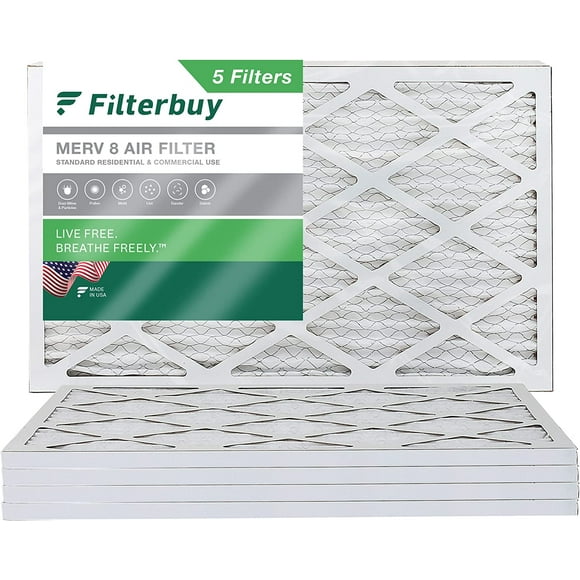 Filterbuy 16x25x1 MERV 8 Filtres à Air Plissés pour Fournaise HVAC AC (5-Pack)